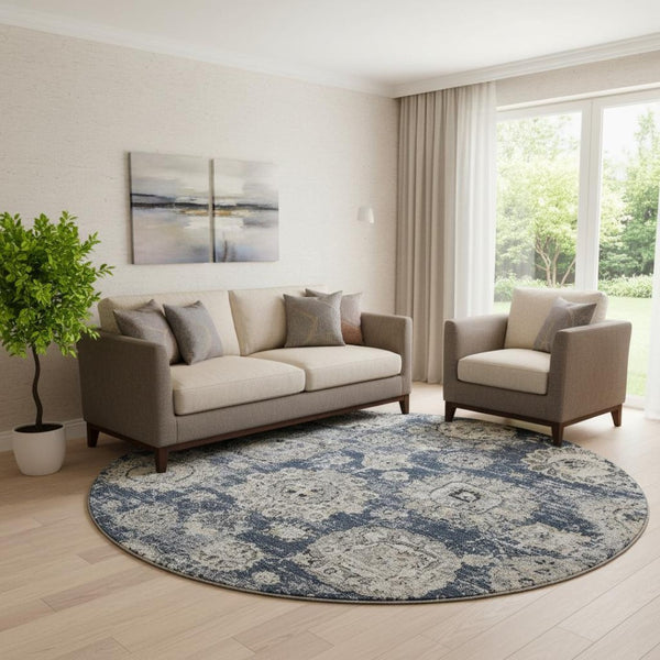 HomeRoots 8' Navy Blue Floral Round Rug - Washable, UV-Protected, Durable for Homes with Kids & Pets 653215