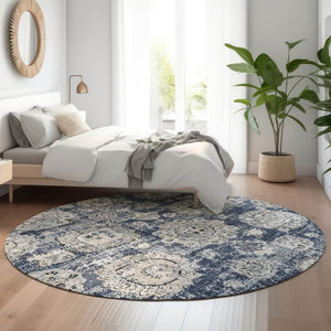 HomeRoots 8' Navy Blue Floral Round Rug - Washable, UV-Protected, Durable for Homes with Kids & Pets 653215