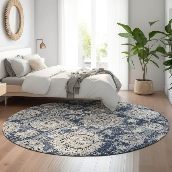 HomeRoots 8' Navy Blue Floral Round Rug - Washable, UV-Protected, Durable for Homes with Kids & Pets 653215