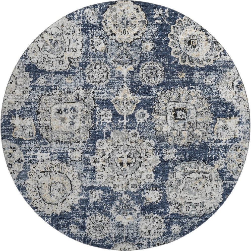 HomeRoots 8' Navy Blue Floral Round Rug - Washable, UV-Protected, Durable for Homes with Kids & Pets 653215