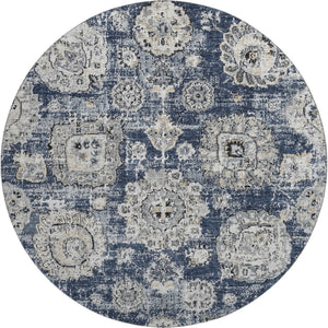HomeRoots 8' Navy Blue Floral Round Rug - Washable, UV-Protected, Durable for Homes with Kids & Pets 653215