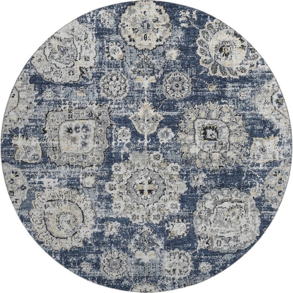 HomeRoots 8' Navy Blue Floral Round Rug - Washable, UV-Protected, Durable for Homes with Kids & Pets 653215