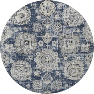 HomeRoots 8' Navy Blue Floral Round Rug - Washable, UV-Protected, Durable for Homes with Kids & Pets 653215