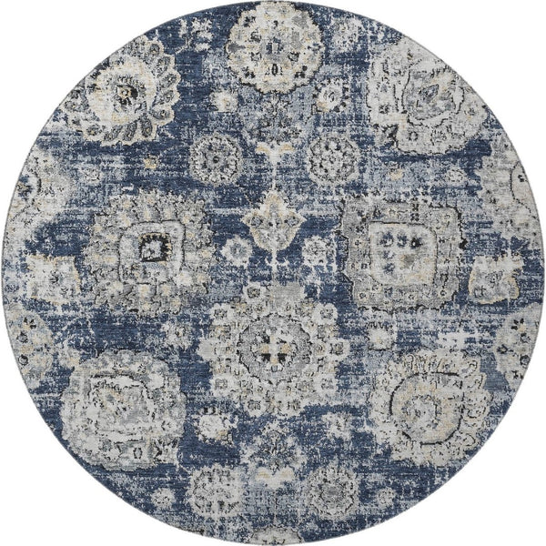 HomeRoots 8' Navy Blue Floral Round Rug - Washable, UV-Protected, Durable for Homes with Kids & Pets 653215