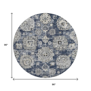 HomeRoots 8' Navy Blue Floral Round Rug - Washable, UV-Protected, Durable for Homes with Kids & Pets 653215