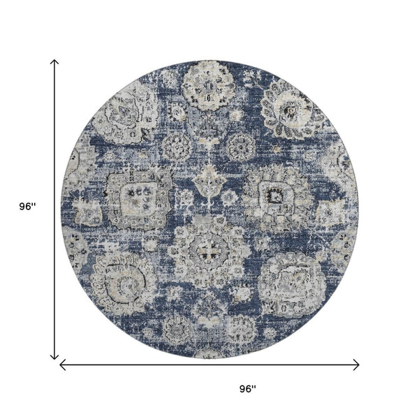 HomeRoots 8' Navy Blue Floral Round Rug - Washable, UV-Protected, Durable for Homes with Kids & Pets 653215
