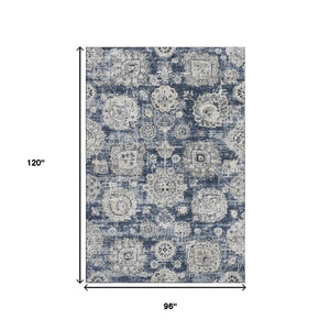 HomeRoots 8' X 10' Navy Blue Floral Area Rug - Elegant, Washable, UV Resistant & Durable for Busy Homes 653216
