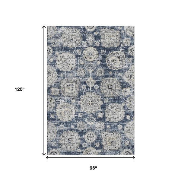 HomeRoots 8' X 10' Navy Blue Floral Area Rug - Elegant, Washable, UV Resistant & Durable for Busy Homes 653216