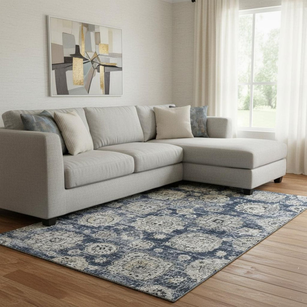 HomeRoots 8' X 10' Navy Blue Floral Area Rug - Elegant, Washable, UV Resistant & Durable for Busy Homes 653216
