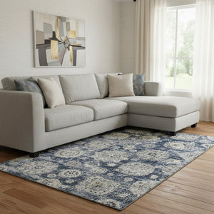 HomeRoots 8' X 10' Navy Blue Floral Area Rug - Elegant, Washable, UV Resistant & Durable for Busy Homes 653216