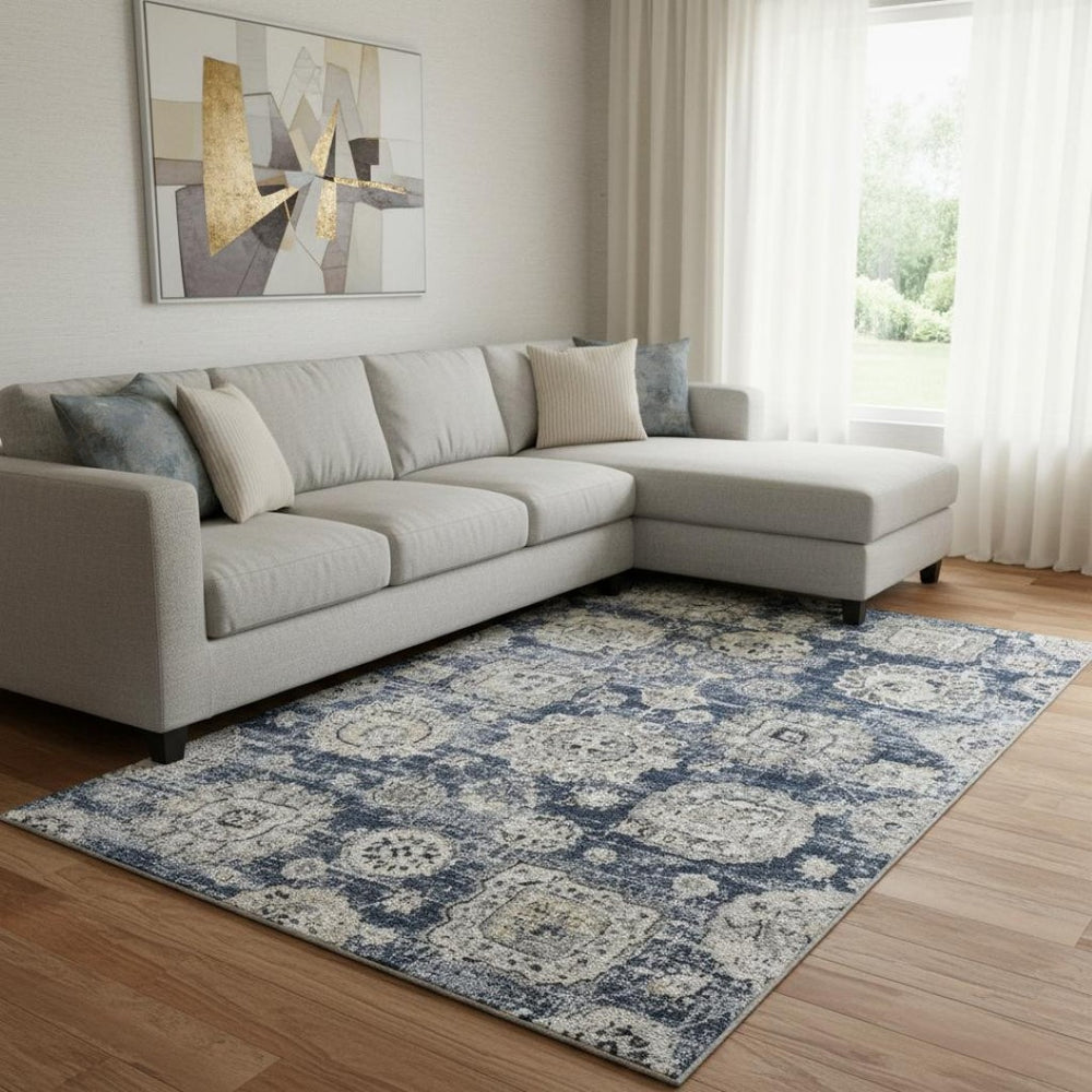 HomeRoots 9' X 12' Navy Blue Floral Area Rug – Washable, UV Protected, Stylish, and Durable for Busy Homes! 653217