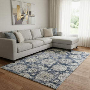 HomeRoots 9' X 12' Navy Blue Floral Area Rug – Washable, UV Protected, Stylish, and Durable for Busy Homes! 653217