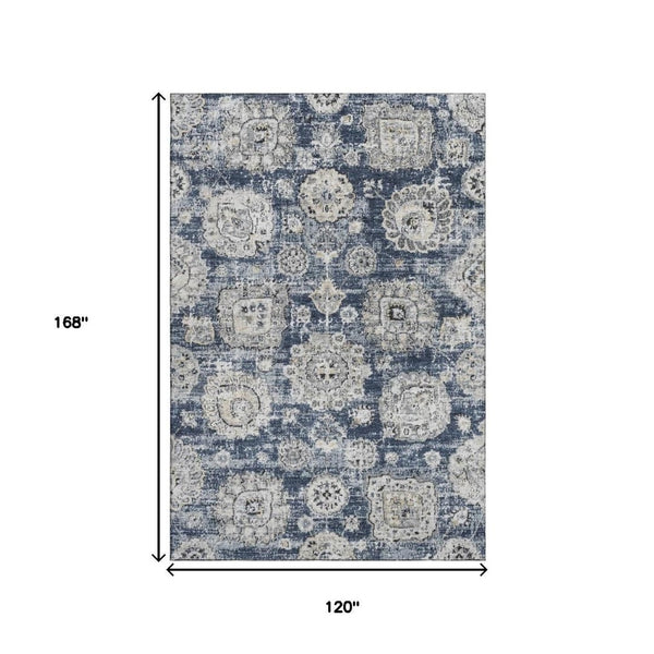 HomeRoots 10' X 14' Navy Blue Floral Area Rug - Washable, UV Protected & Stain-Resistant for Family Homes 653218