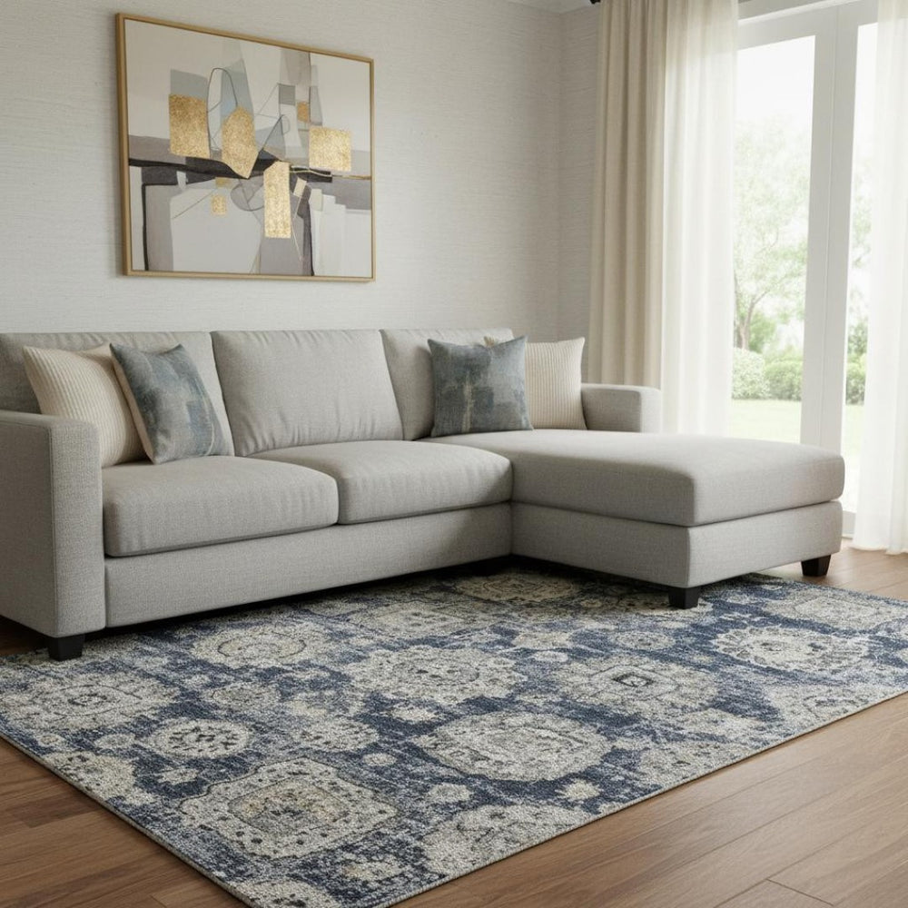 HomeRoots 10' X 14' Navy Blue Floral Area Rug - Washable, UV Protected & Stain-Resistant for Family Homes 653218