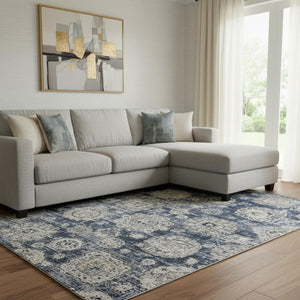 HomeRoots 10' X 14' Navy Blue Floral Area Rug - Washable, UV Protected & Stain-Resistant for Family Homes 653218