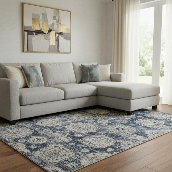 HomeRoots 10' X 14' Navy Blue Floral Area Rug - Washable, UV Protected & Stain-Resistant for Family Homes 653218
