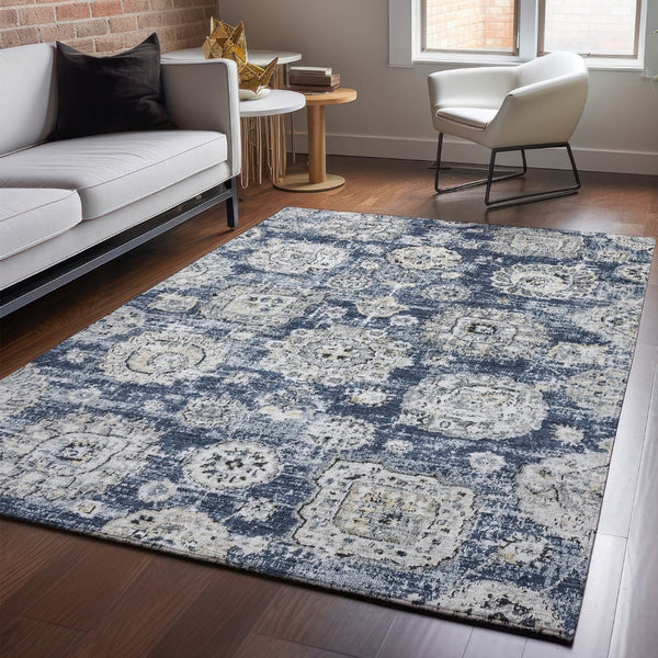 HomeRoots 10' X 14' Navy Blue Floral Area Rug - Washable, UV Protected & Stain-Resistant for Family Homes 653218