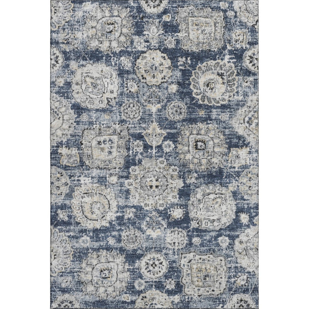 HomeRoots 10' X 14' Navy Blue Floral Area Rug - Washable, UV Protected & Stain-Resistant for Family Homes 653218