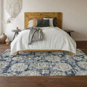 HomeRoots 10' X 14' Navy Blue Floral Area Rug - Washable, UV Protected & Stain-Resistant for Family Homes 653218