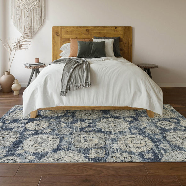 HomeRoots 10' X 14' Navy Blue Floral Area Rug - Washable, UV Protected & Stain-Resistant for Family Homes 653218