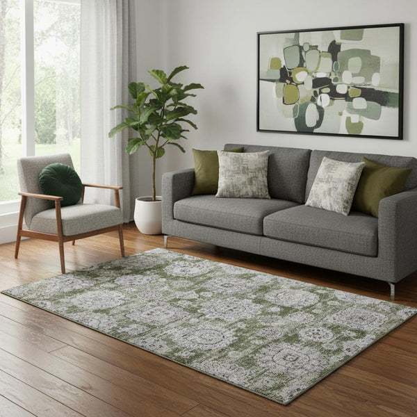 HomeRoots 5' X 8' Elegant Floral Area Rug in Olive Green, Purple & Ivory - Washable, UV-Protected & Durable 653220