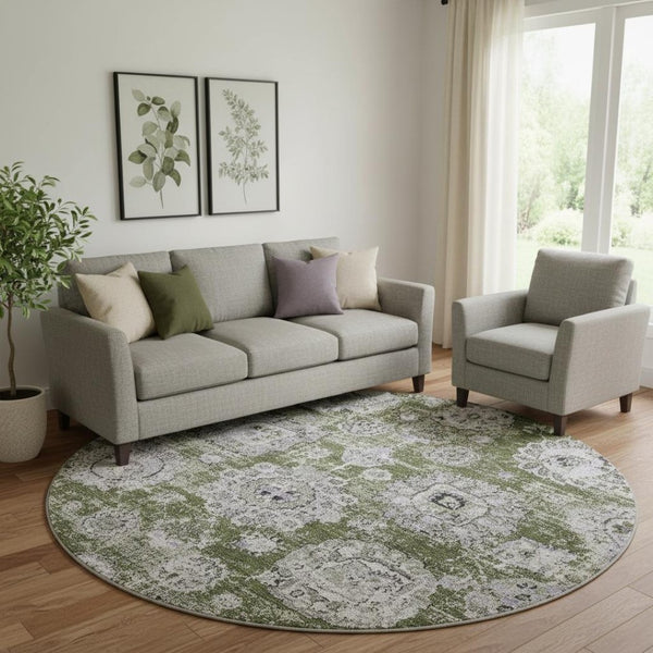 HomeRoots 8' Stylish Olive Green, Purple & Ivory Floral Washable Round Rug - Durable, UV Protected & Versatile Home Accent 653221