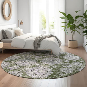 HomeRoots 8' Stylish Olive Green, Purple & Ivory Floral Washable Round Rug - Durable, UV Protected & Versatile Home Accent 653221
