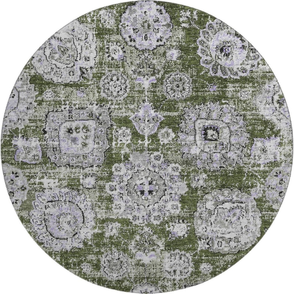 HomeRoots 8' Stylish Olive Green, Purple & Ivory Floral Washable Round Rug - Durable, UV Protected & Versatile Home Accent 653221