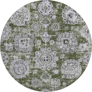 HomeRoots 8' Stylish Olive Green, Purple & Ivory Floral Washable Round Rug - Durable, UV Protected & Versatile Home Accent 653221