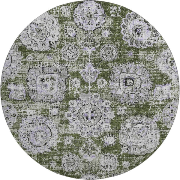 HomeRoots 8' Stylish Olive Green, Purple & Ivory Floral Washable Round Rug - Durable, UV Protected & Versatile Home Accent 653221