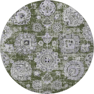 HomeRoots 8' Stylish Olive Green, Purple & Ivory Floral Washable Round Rug - Durable, UV Protected & Versatile Home Accent 653221
