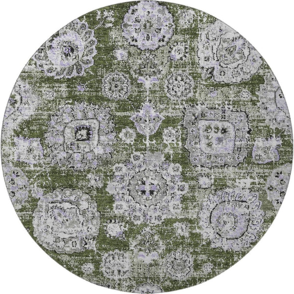HomeRoots 8' Stylish Olive Green, Purple & Ivory Floral Washable Round Rug - Durable, UV Protected & Versatile Home Accent 653221