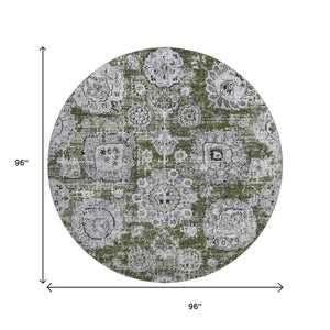 HomeRoots 8' Stylish Olive Green, Purple & Ivory Floral Washable Round Rug - Durable, UV Protected & Versatile Home Accent 653221