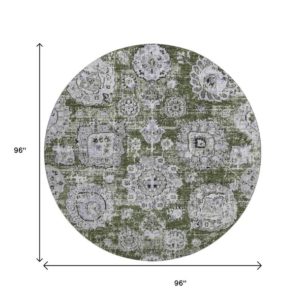 HomeRoots 8' Stylish Olive Green, Purple & Ivory Floral Washable Round Rug - Durable, UV Protected & Versatile Home Accent 653221