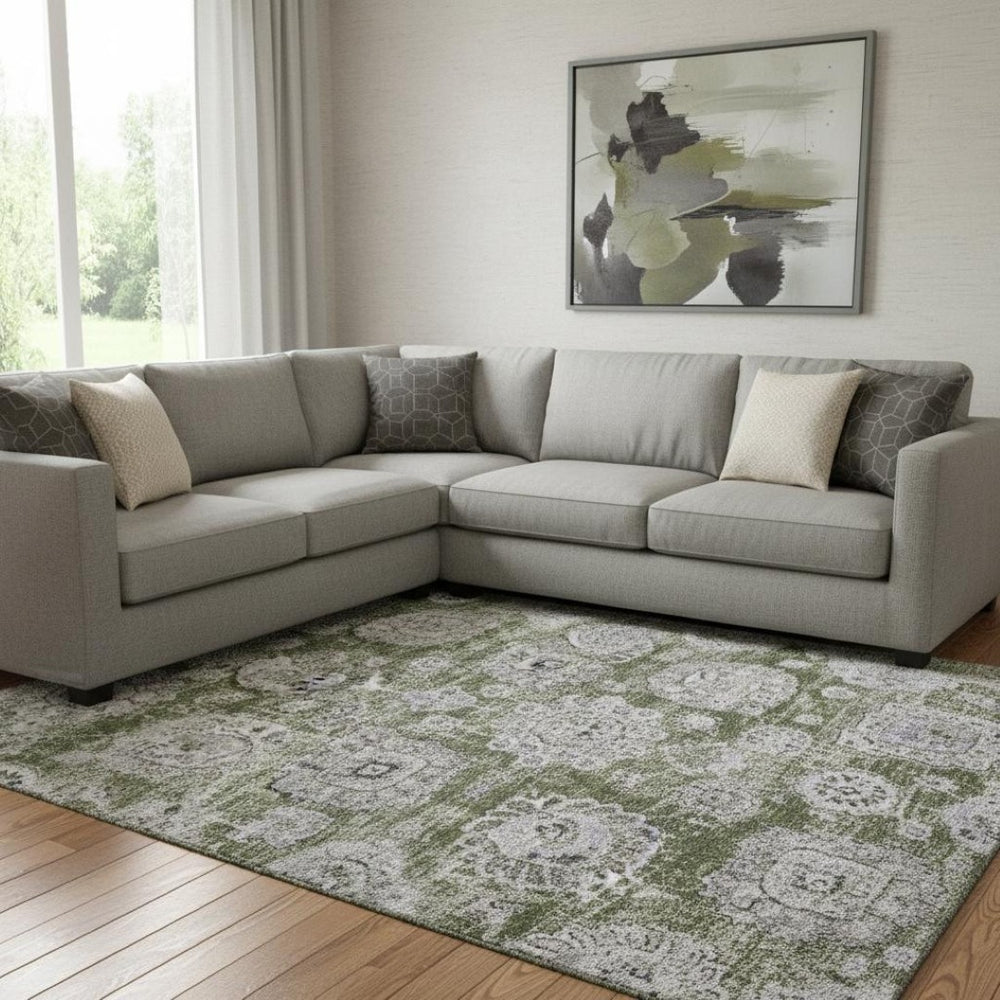 HomeRoots 8' X 10' Floral Area Rug in Olive Green, Purple & Ivory – Stain-Resistant, UV Protected & Washable! 653222