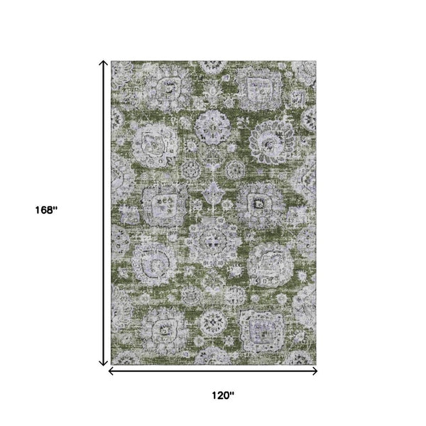 HomeRoots 10' Olive Green Purple Ivory Floral Area Rug – Washable, UV-Protected, Durable Design for High-Traffic Areas 653224