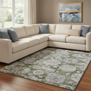 HomeRoots 10' Olive Green Purple Ivory Floral Area Rug – Washable, UV-Protected, Durable Design for High-Traffic Areas 653224