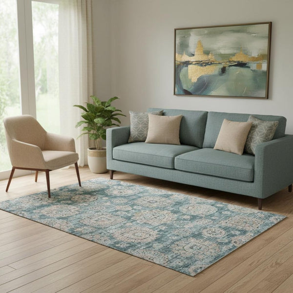 HomeRoots 5' Teal and Beige Floral Area Rug - Washable, Stain-Resistant, UV-Protected for High-Traffic Homes 653226