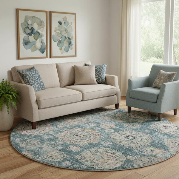HomeRoots 8' Teal and Beige Floral Washable Round Rug - Durable, UV Protected, Stain Resistant for Busy Homes 653227