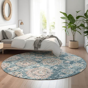 HomeRoots 8' Teal and Beige Floral Washable Round Rug - Durable, UV Protected, Stain Resistant for Busy Homes 653227