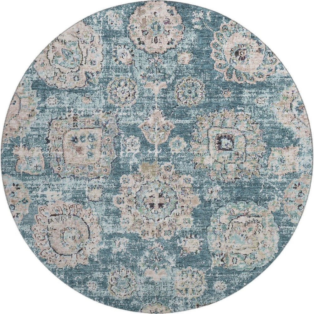HomeRoots 8' Teal and Beige Floral Washable Round Rug - Durable, UV Protected, Stain Resistant for Busy Homes 653227