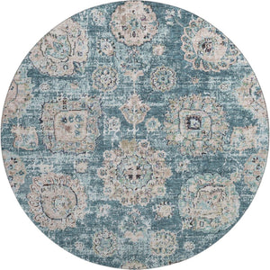 HomeRoots 8' Teal and Beige Floral Washable Round Rug - Durable, UV Protected, Stain Resistant for Busy Homes 653227
