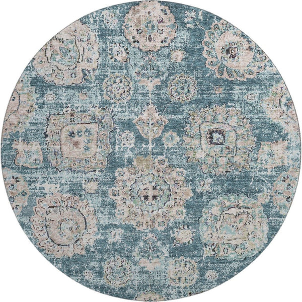 HomeRoots 8' Teal and Beige Floral Washable Round Rug - Durable, UV Protected, Stain Resistant for Busy Homes 653227