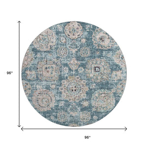 HomeRoots 8' Teal and Beige Floral Washable Round Rug - Durable, UV Protected, Stain Resistant for Busy Homes 653227