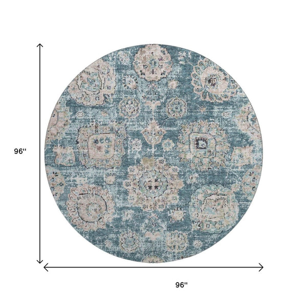 HomeRoots 8' Teal and Beige Floral Washable Round Rug - Durable, UV Protected, Stain Resistant for Busy Homes 653227