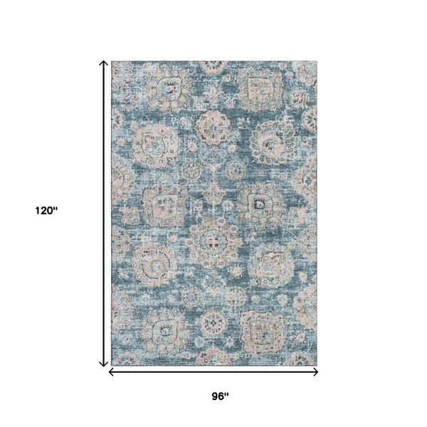 HomeRoots 8' X 10' Teal and Beige Floral Area Rug – Durable, Washable, UV-Protected for High-Traffic Spaces 653228