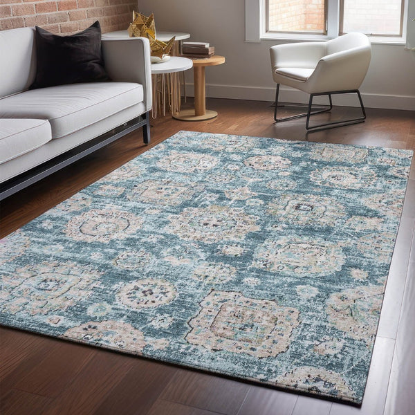 HomeRoots 8' X 10' Teal and Beige Floral Area Rug – Durable, Washable, UV-Protected for High-Traffic Spaces 653228