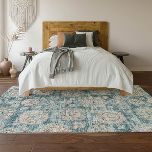 HomeRoots 8' X 10' Teal and Beige Floral Area Rug – Durable, Washable, UV-Protected for High-Traffic Spaces 653228