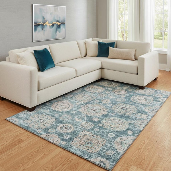 HomeRoots 8' X 10' Teal and Beige Floral Area Rug – Durable, Washable, UV-Protected for High-Traffic Spaces 653228