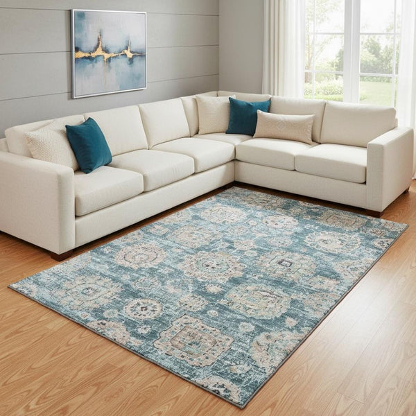 HomeRoots 9' X 12' Teal And Beige Floral Area Rug – Durable, Washable, UV-Protected for High-Traffic Spaces! 653229